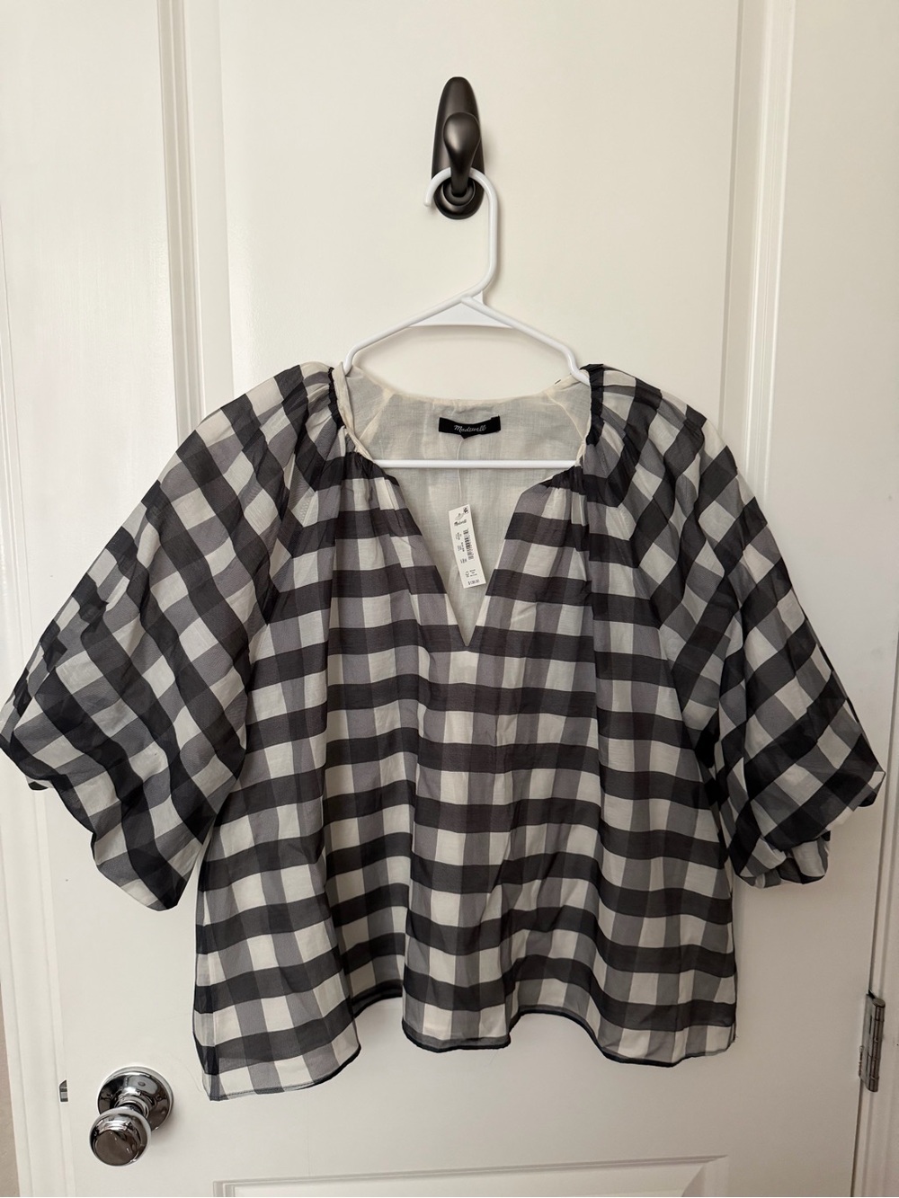 Madewell Women's Gingham Buffalo Plaid Bubble Sleeve Top Silk Blend Size 10 New
